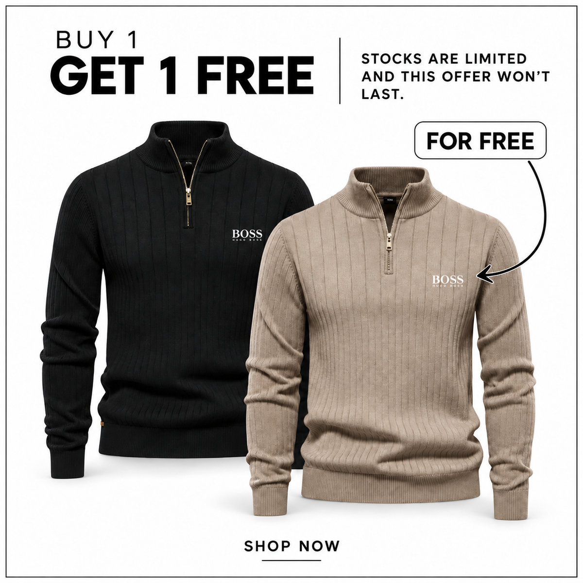 HB Ribbed Quarter-Zip Jumper in Black and Beige — Buy 1 Get 1 Free promotion.