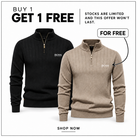 HB Ribbed Quarter-Zip Jumper in Black and Beige — Buy 1 Get 1 Free promotion.