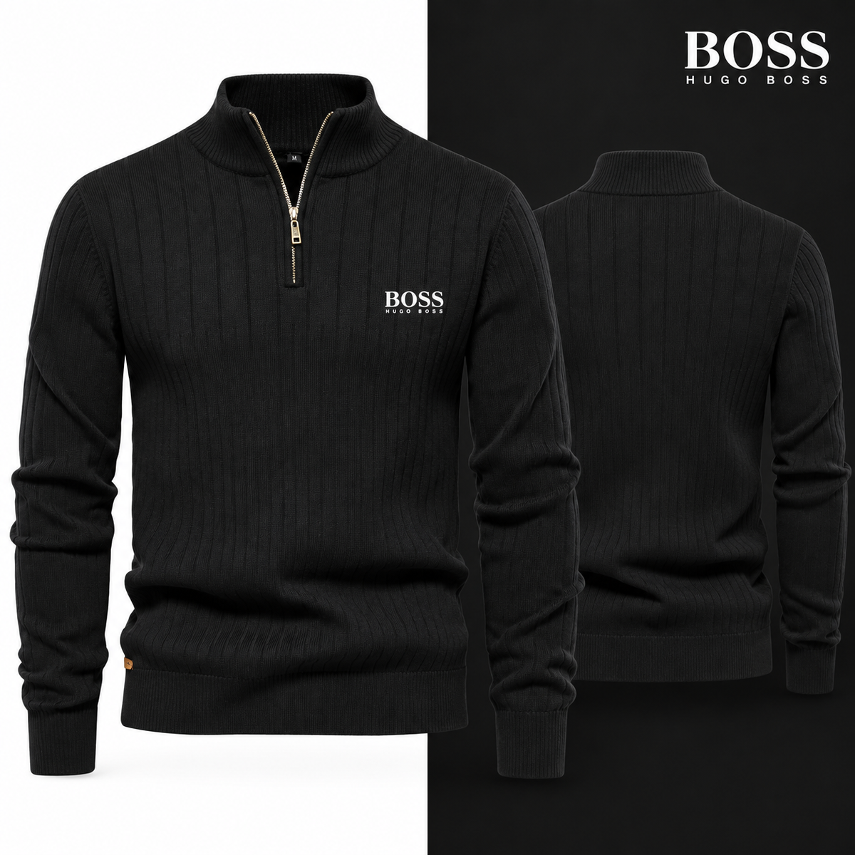 Black colour variant of the HB Ribbed Quarter-Zip Jumper