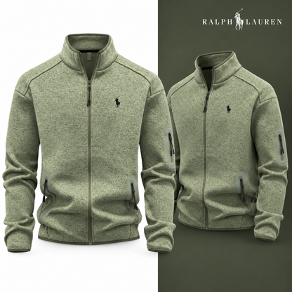 Bean Green full-zip jacket, front and three-quarter front views