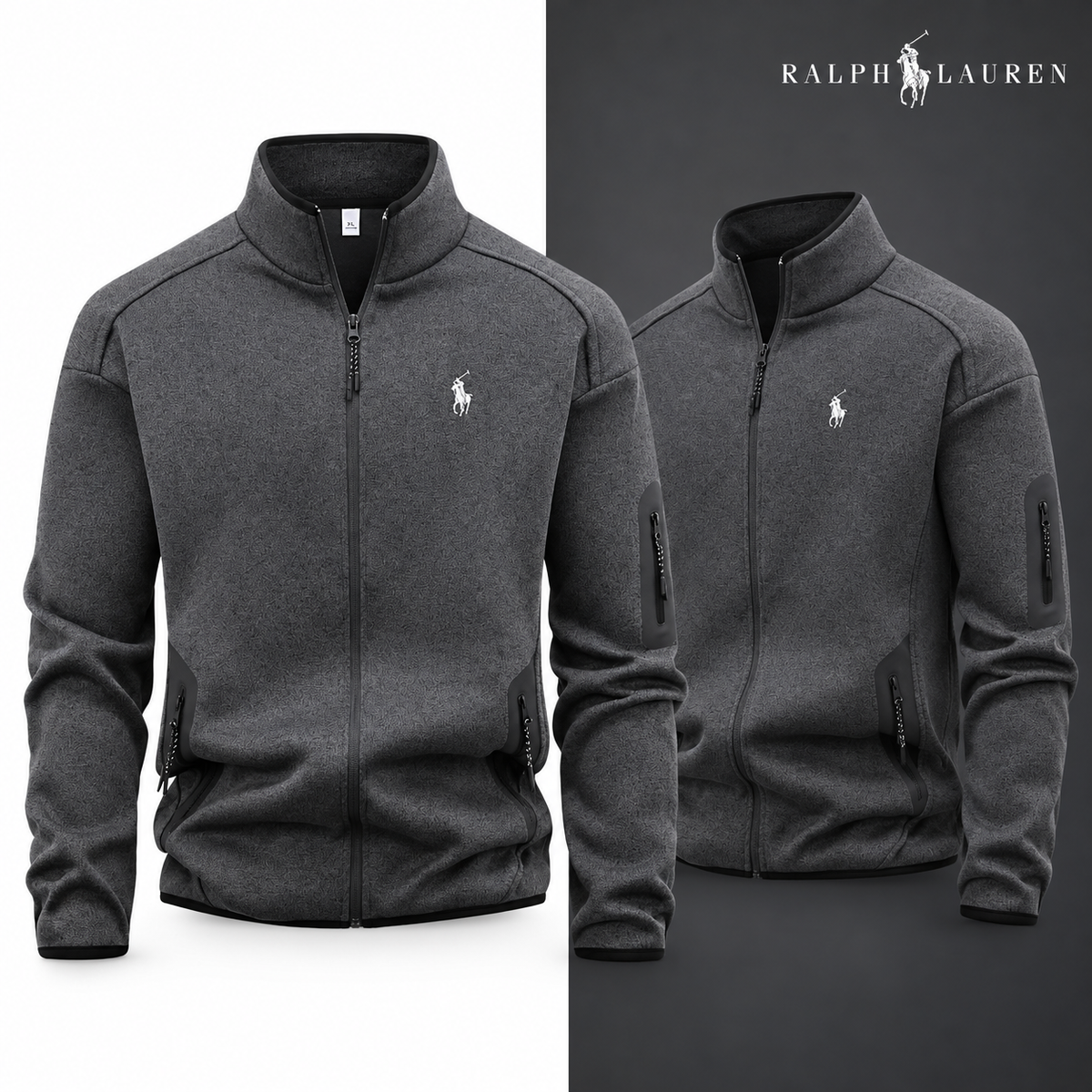 Deep Grey full-zip jacket, front and three-quarter front views