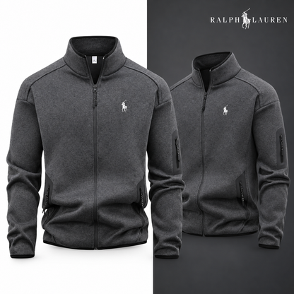 Deep Grey full-zip jacket, front and three-quarter front views