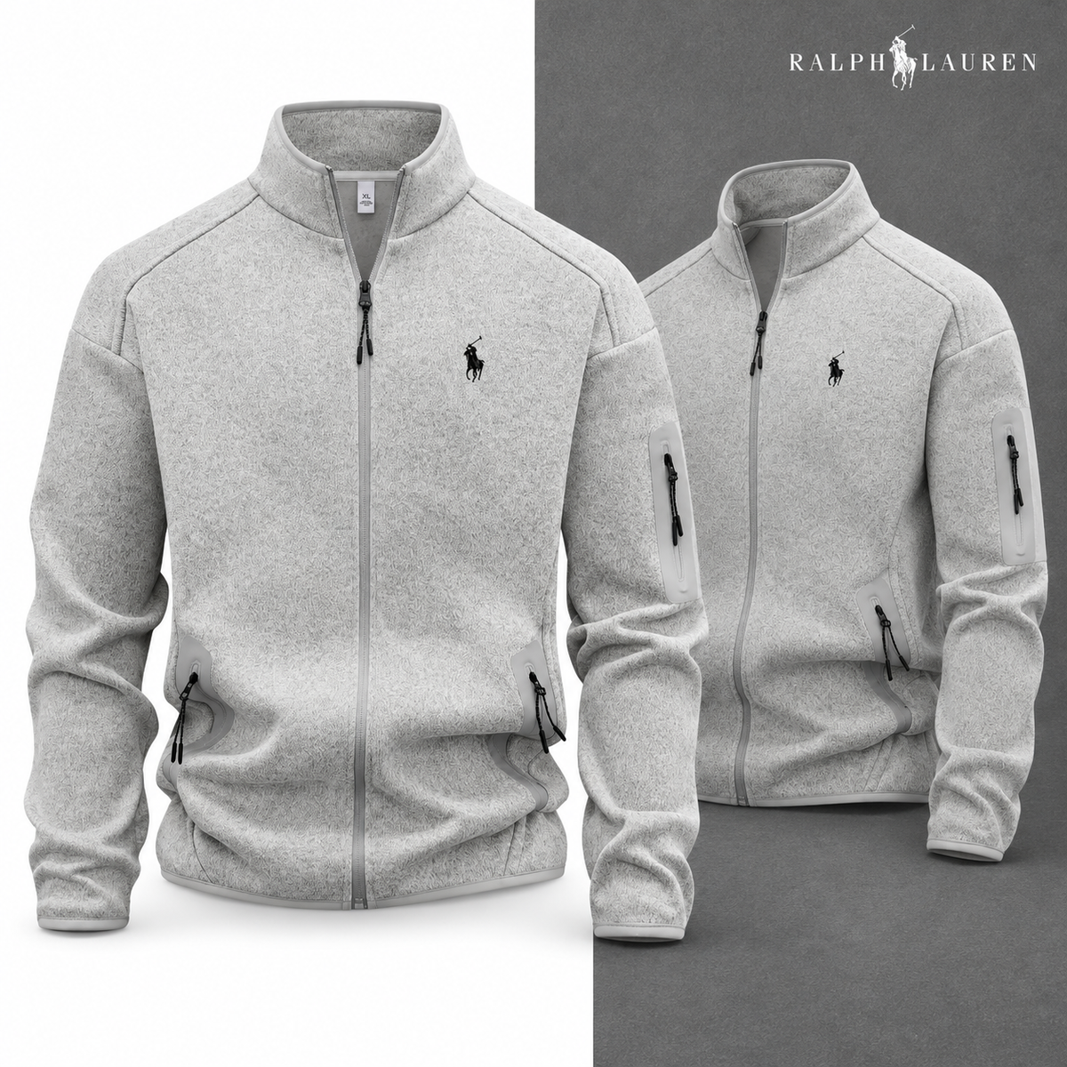 Heather Grey full-zip jacket, front and three-quarter front views