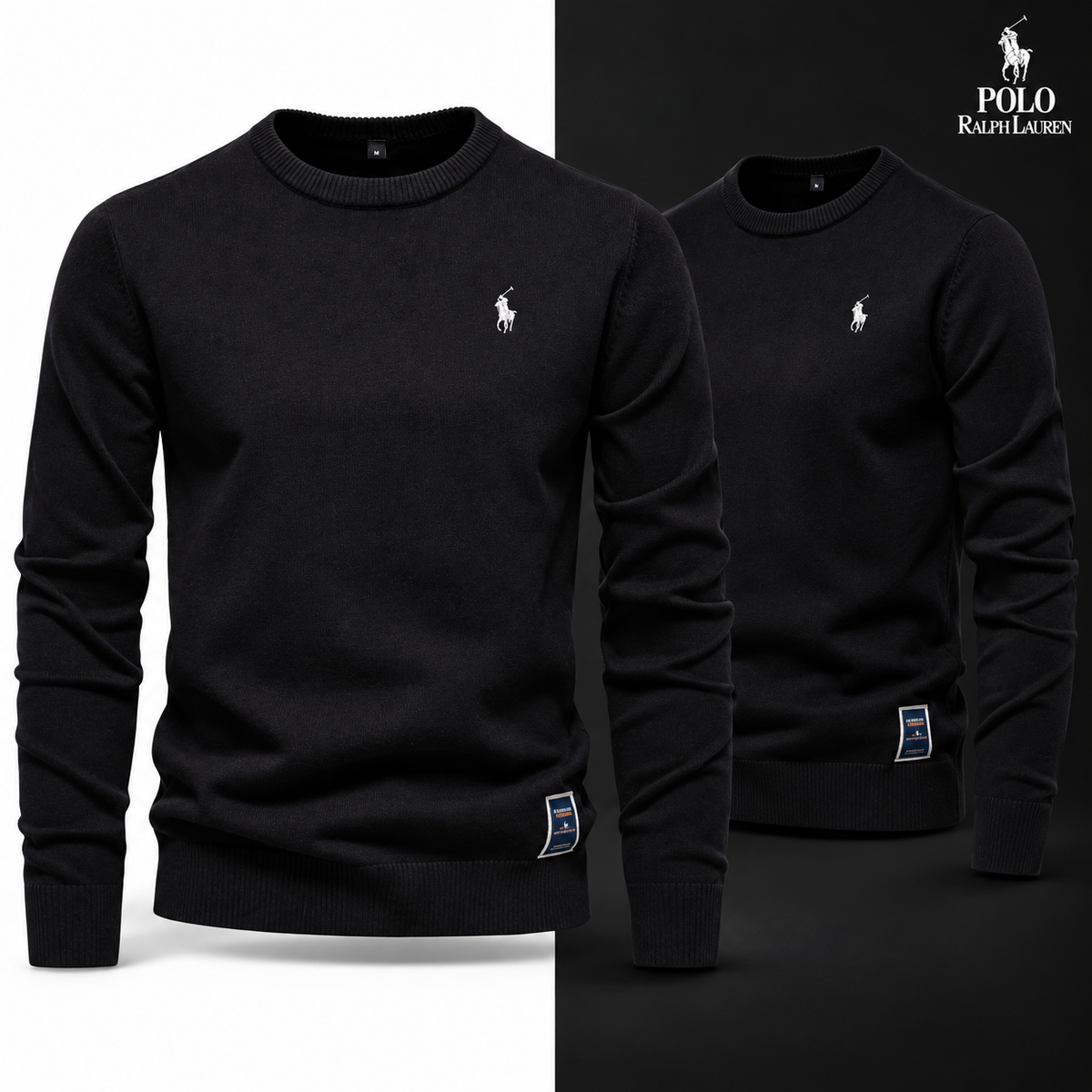 Black knit crew-neck jumper, front and three-quarter front views