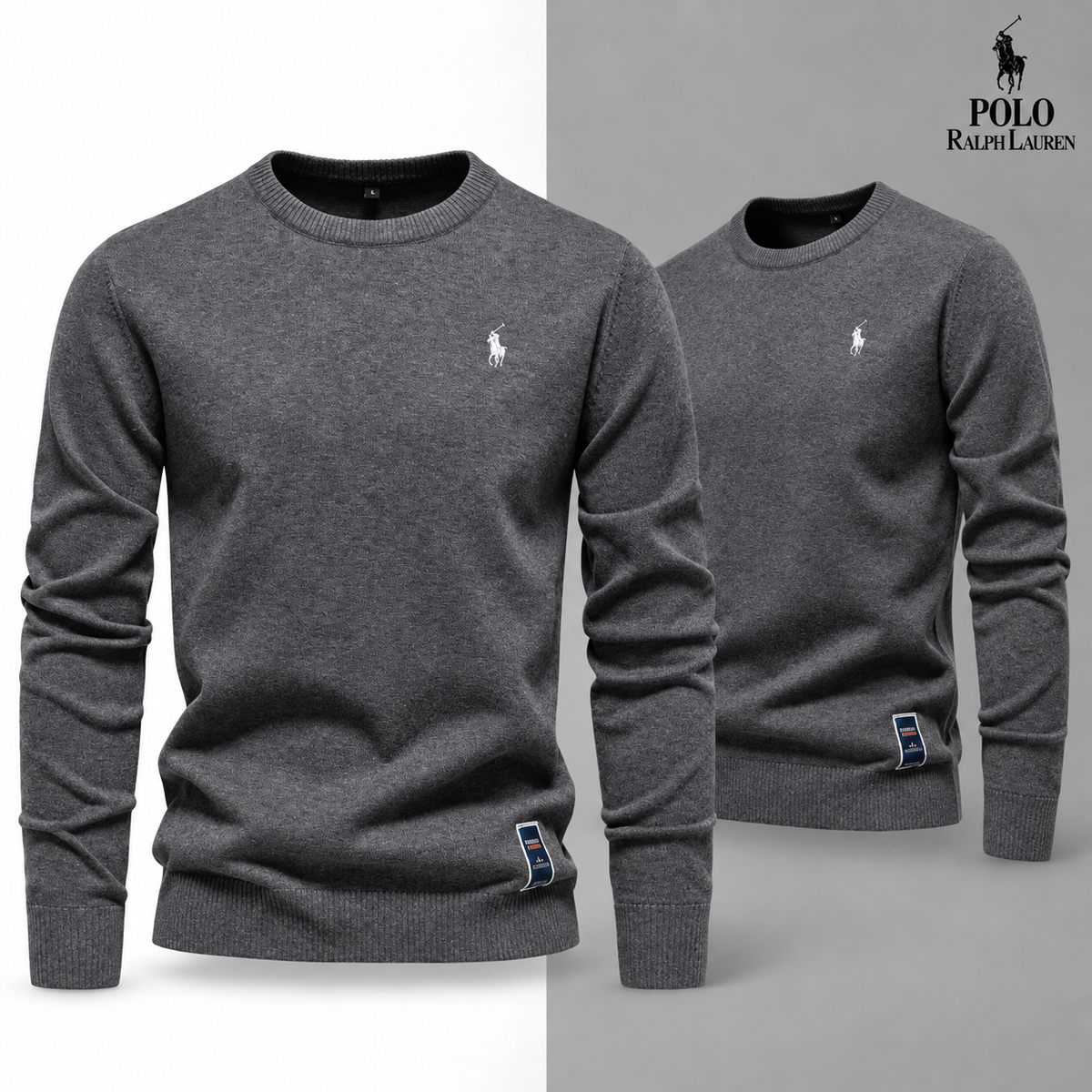 Grey knit crew-neck jumper, front and three-quarter front views