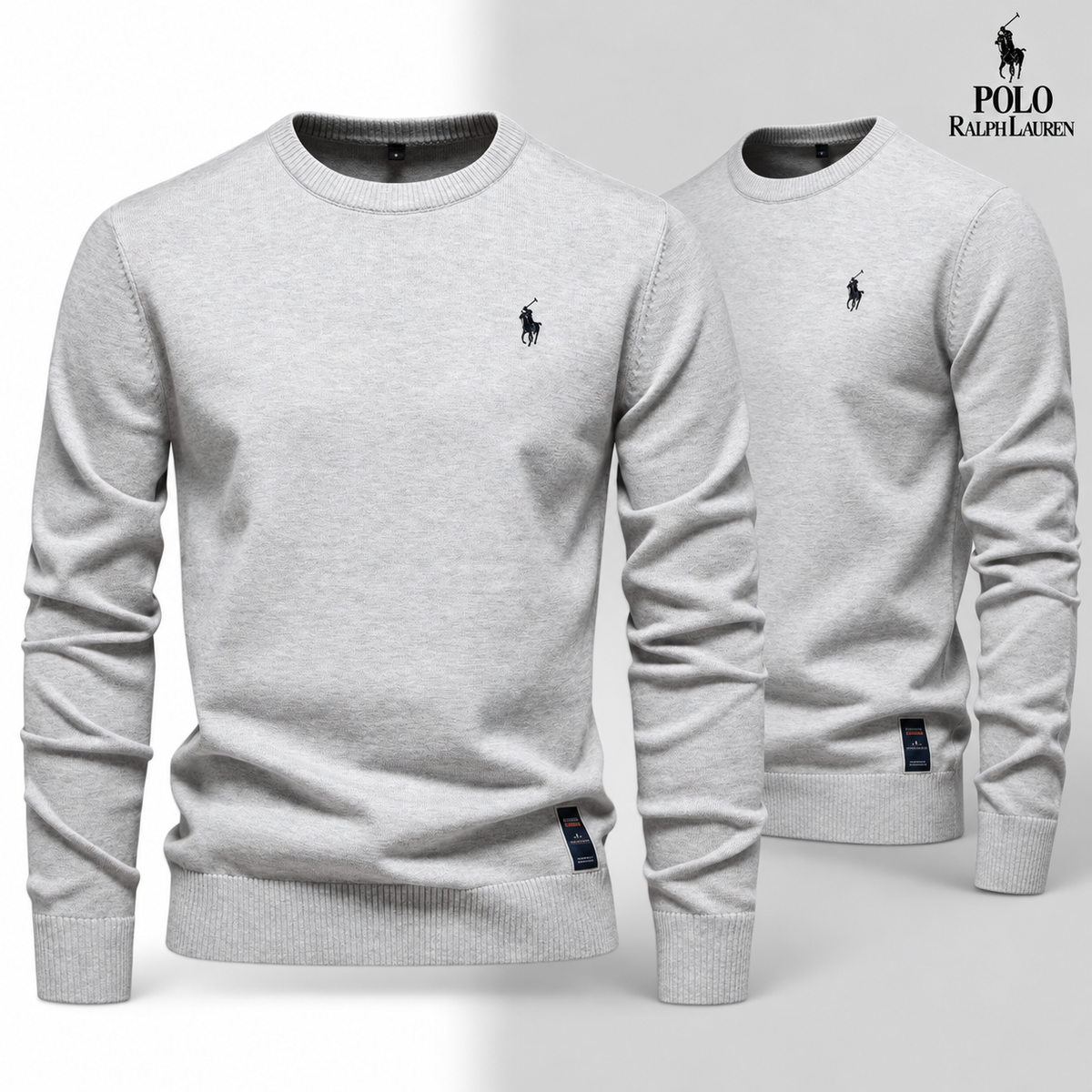 Light Grey knit crew-neck jumper, front and three-quarter front views
