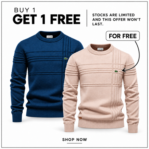 LC Textured Crew-Neck Jumper in Navy Blue and Beige — Buy 1 Get 1 Free promotion.
