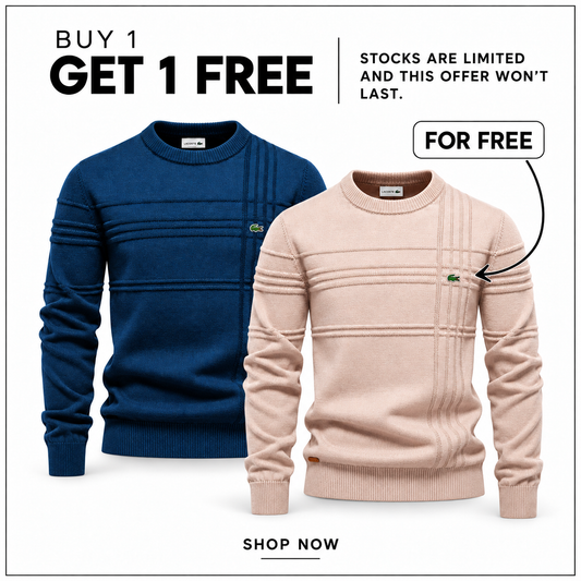 LC Textured Crew-Neck Jumper in Navy Blue and Beige — Buy 1 Get 1 Free promotion.