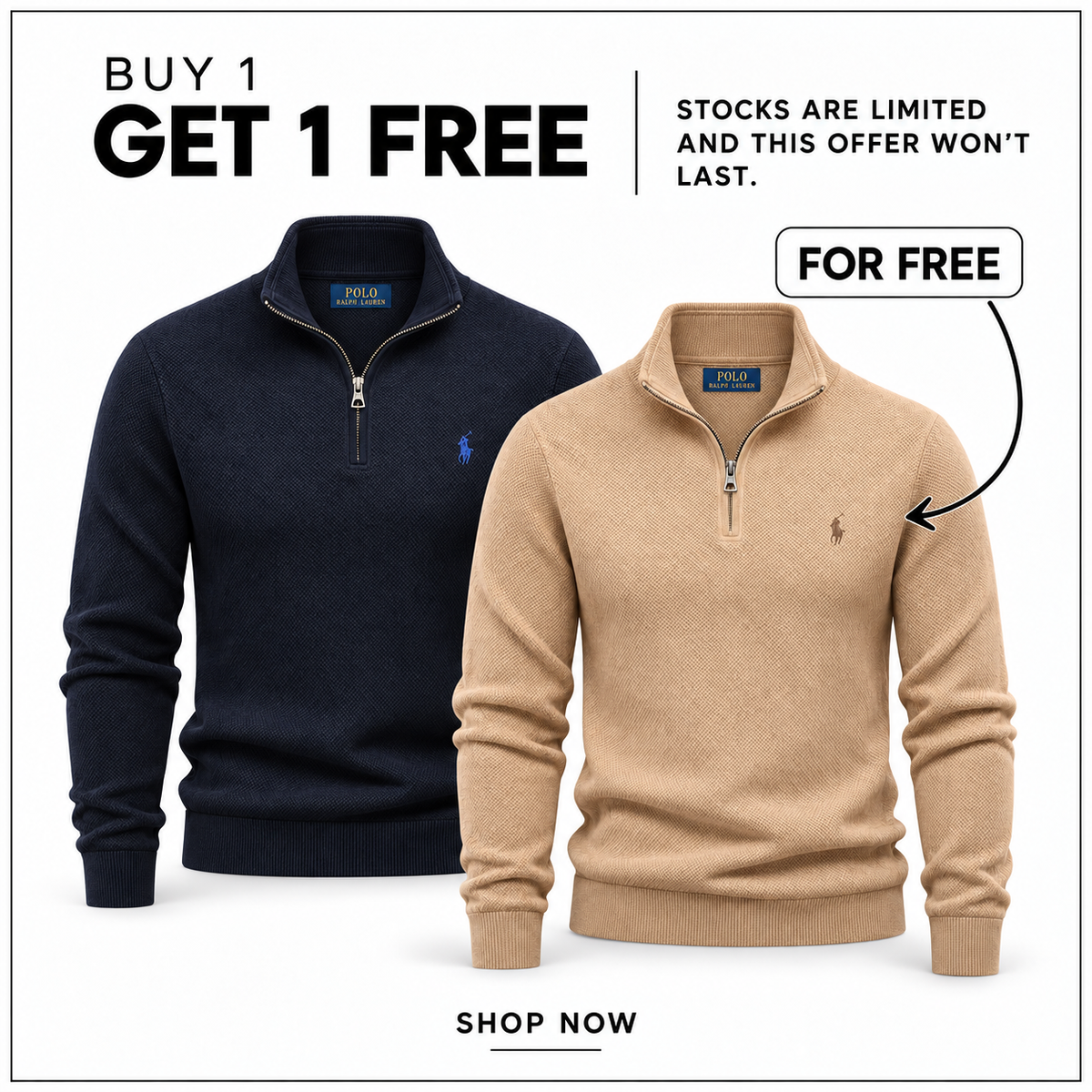 RL Mesh-Knit Quarter-Zip Jumper in Navy Blue and Camel — Buy 1 Get 1 Free promotion.