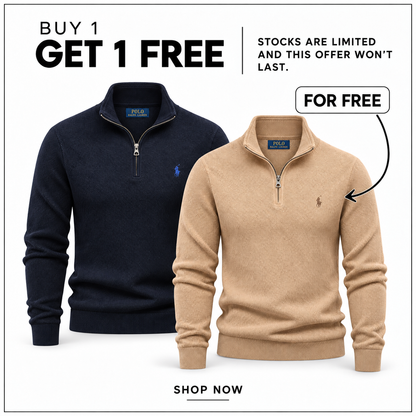 RL Mesh-Knit Quarter-Zip Jumper in Navy Blue and Camel — Buy 1 Get 1 Free promotion.
