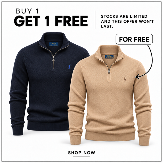 RL Mesh-Knit Quarter-Zip Jumper in Navy Blue and Camel — Buy 1 Get 1 Free promotion.