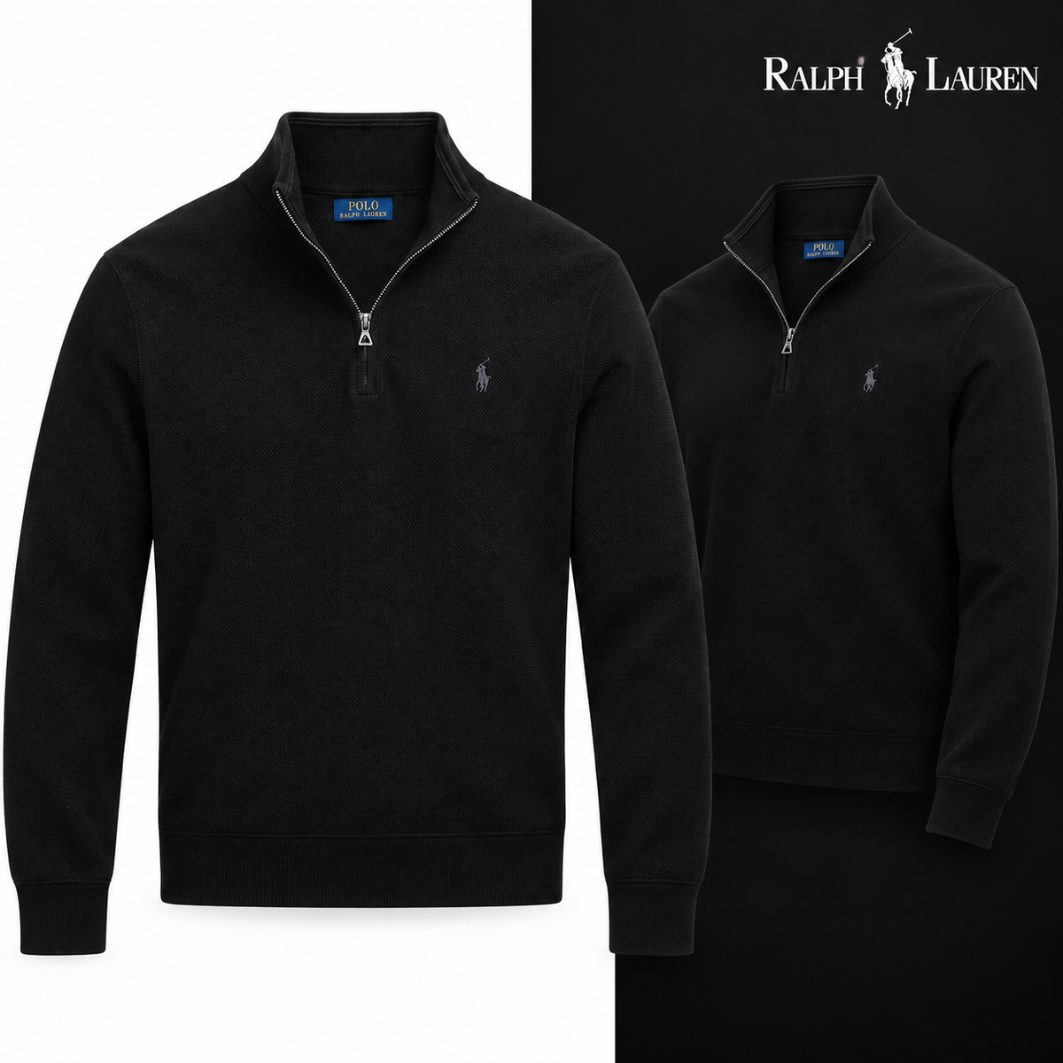 Black mesh-knit quarter-zip jumper, front and three-quarter front views