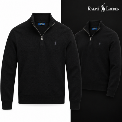 Black mesh-knit quarter-zip jumper, front and three-quarter front views