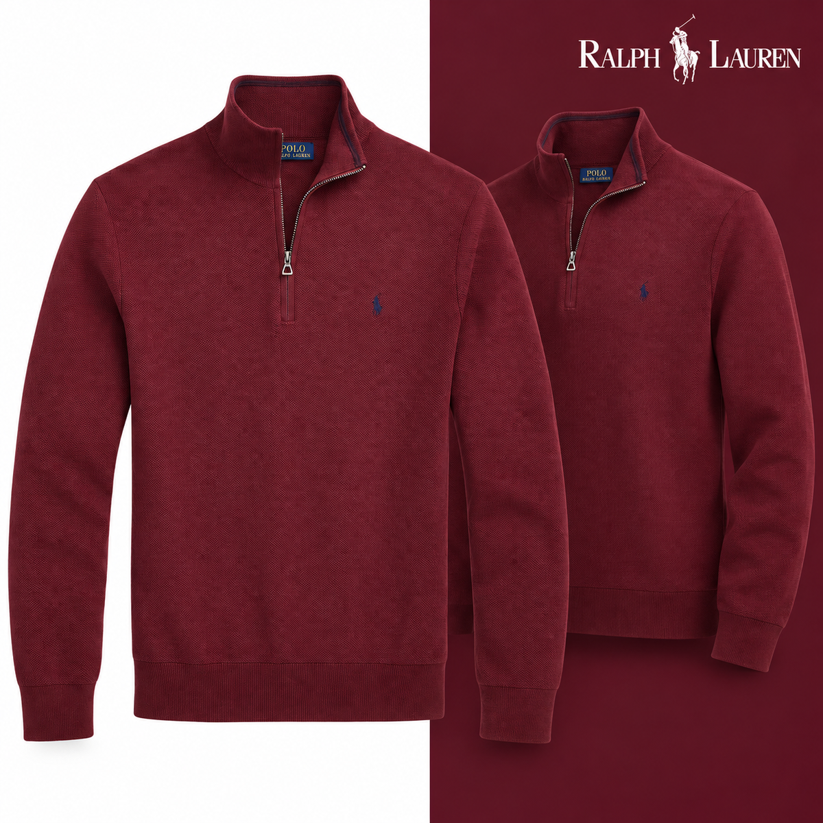 Red Wine mesh-knit quarter-zip jumper, front and three-quarter front views