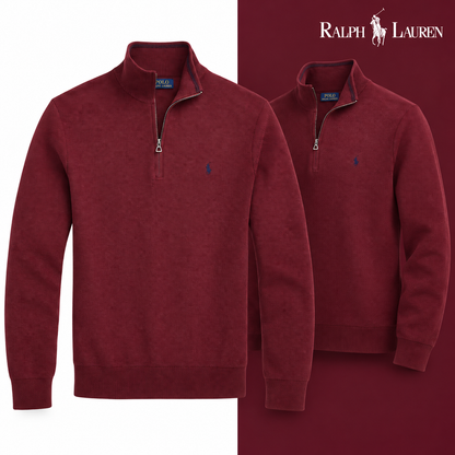 Red Wine mesh-knit quarter-zip jumper, front and three-quarter front views