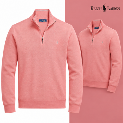 Rose mesh-knit quarter-zip jumper, front and three-quarter front views