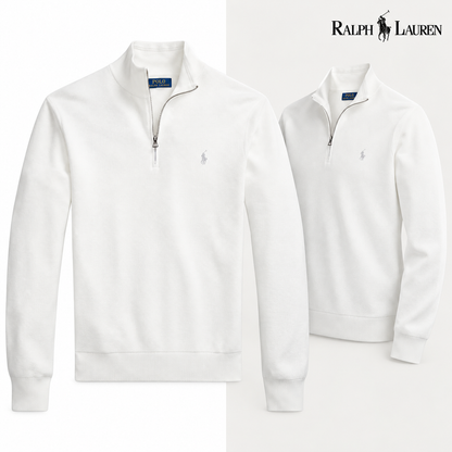 White mesh-knit quarter-zip jumper, front and three-quarter front views