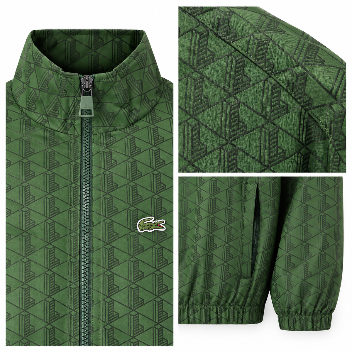 Close-up details of the LC Monogram Zip-Through Jacket in Green.