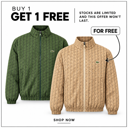 LC Monogram Zip-Through Jacket in Green and Croissant — Buy 1 Get 1 Free promotion.