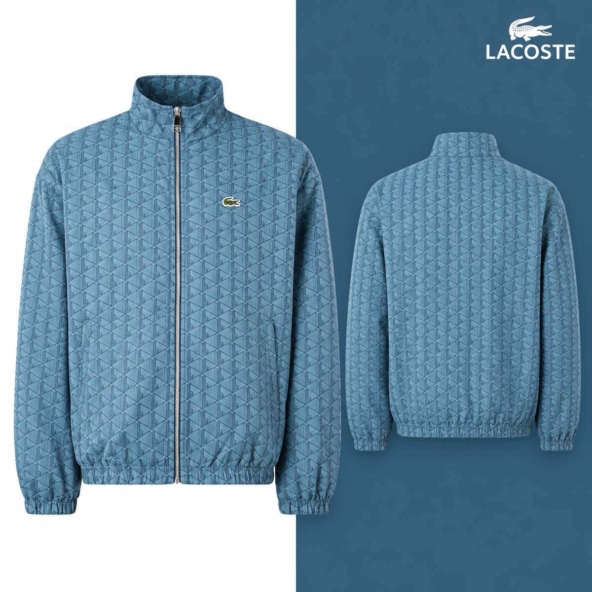 LC Monogram Zip-Through Jacket in Blue, isolated front and source-backed secondary view.