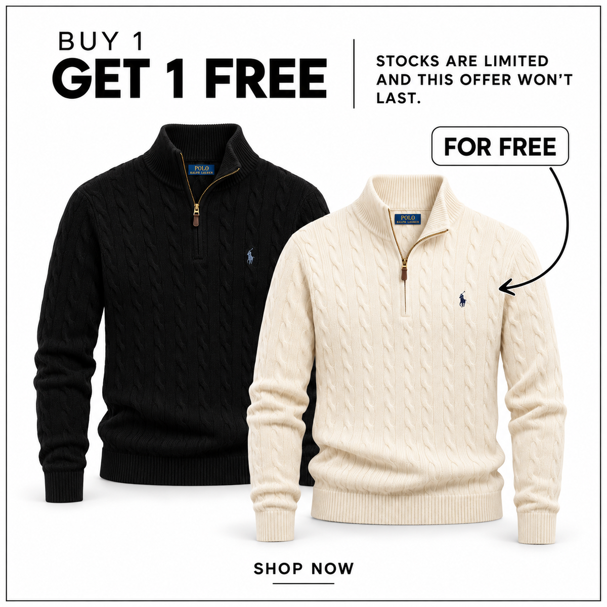 RL Cable-Knit Wool-Cashmere Quarter-Zip Jumper in Black and Andover Cream — Buy 1 Get 1 Free promotion.