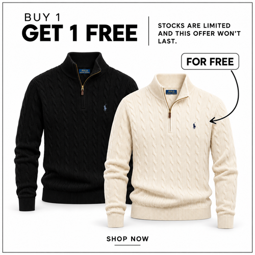 RL Cable-Knit Wool-Cashmere Quarter-Zip Jumper in Black and Andover Cream — Buy 1 Get 1 Free promotion.