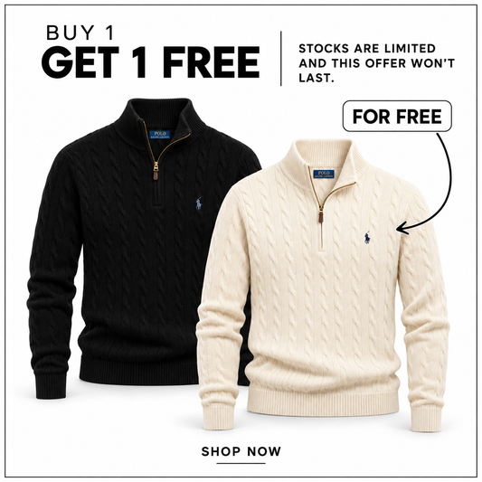 RL Cable-Knit Wool-Cashmere Quarter-Zip Jumper in Black and Andover Cream — Buy 1 Get 1 Free promotion.