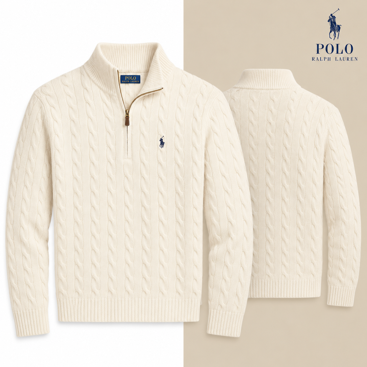 RL Cable-Knit Wool-Cashmere Quarter-Zip Jumper in Andover Cream, isolated front and source-backed secondary view.