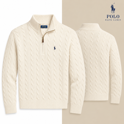 RL Cable-Knit Wool-Cashmere Quarter-Zip Jumper in Andover Cream, isolated front and source-backed secondary view.