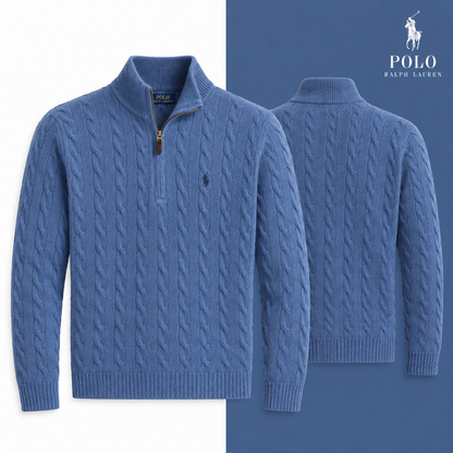 RL Cable-Knit Wool-Cashmere Quarter-Zip Jumper in Blue Borage Heather, isolated front and source-backed secondary view.
