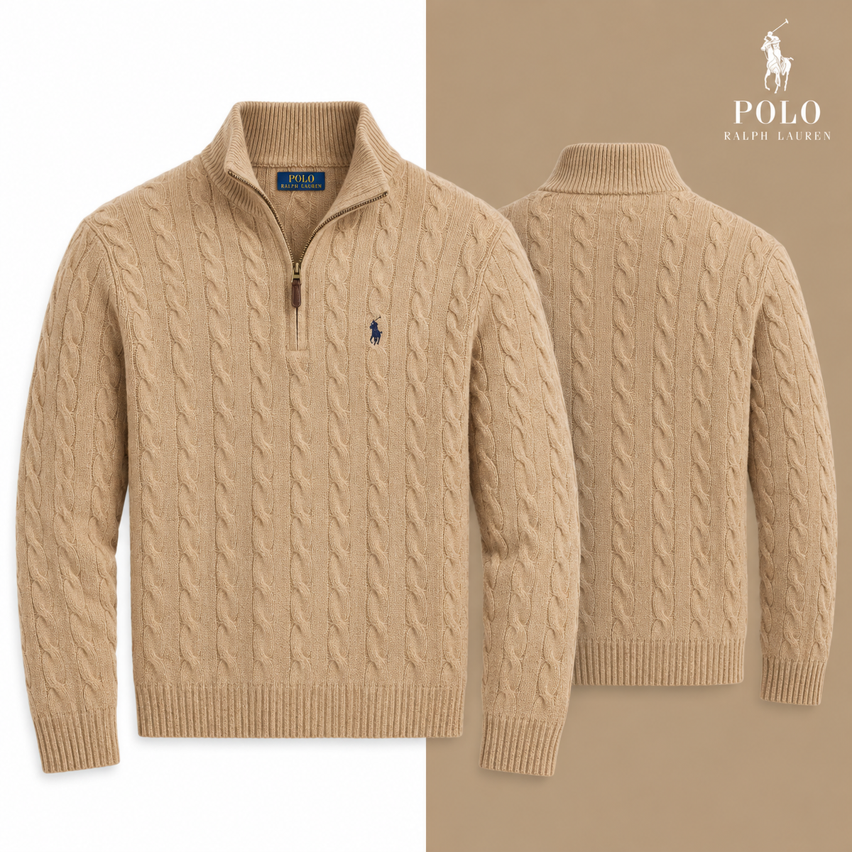 RL Cable-Knit Wool-Cashmere Quarter-Zip Jumper in Camel Melange, isolated front and source-backed secondary view.