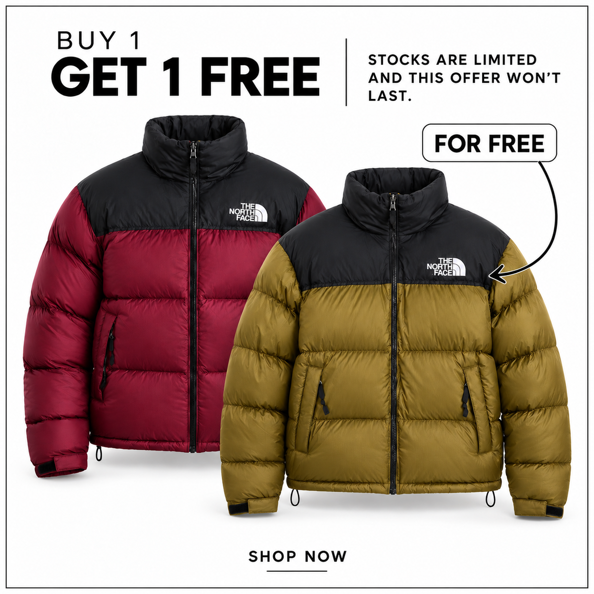 TNF Men’s 1996 Retro Nuptse Jacket in Burgundy Crush-TNF Black and Caraway Seed-TNF Black — Buy 1 Get 1 Free promotion.