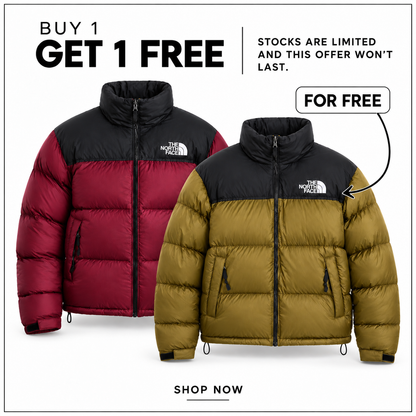 TNF Men’s 1996 Retro Nuptse Jacket in Burgundy Crush-TNF Black and Caraway Seed-TNF Black — Buy 1 Get 1 Free promotion.