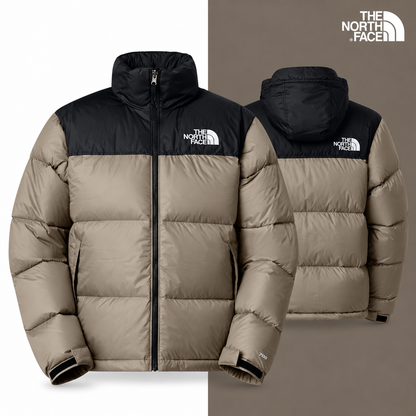 TNF Men’s 1996 Retro Nuptse Jacket in Mocha Brown-TNF Black, isolated front and source-backed secondary view.
