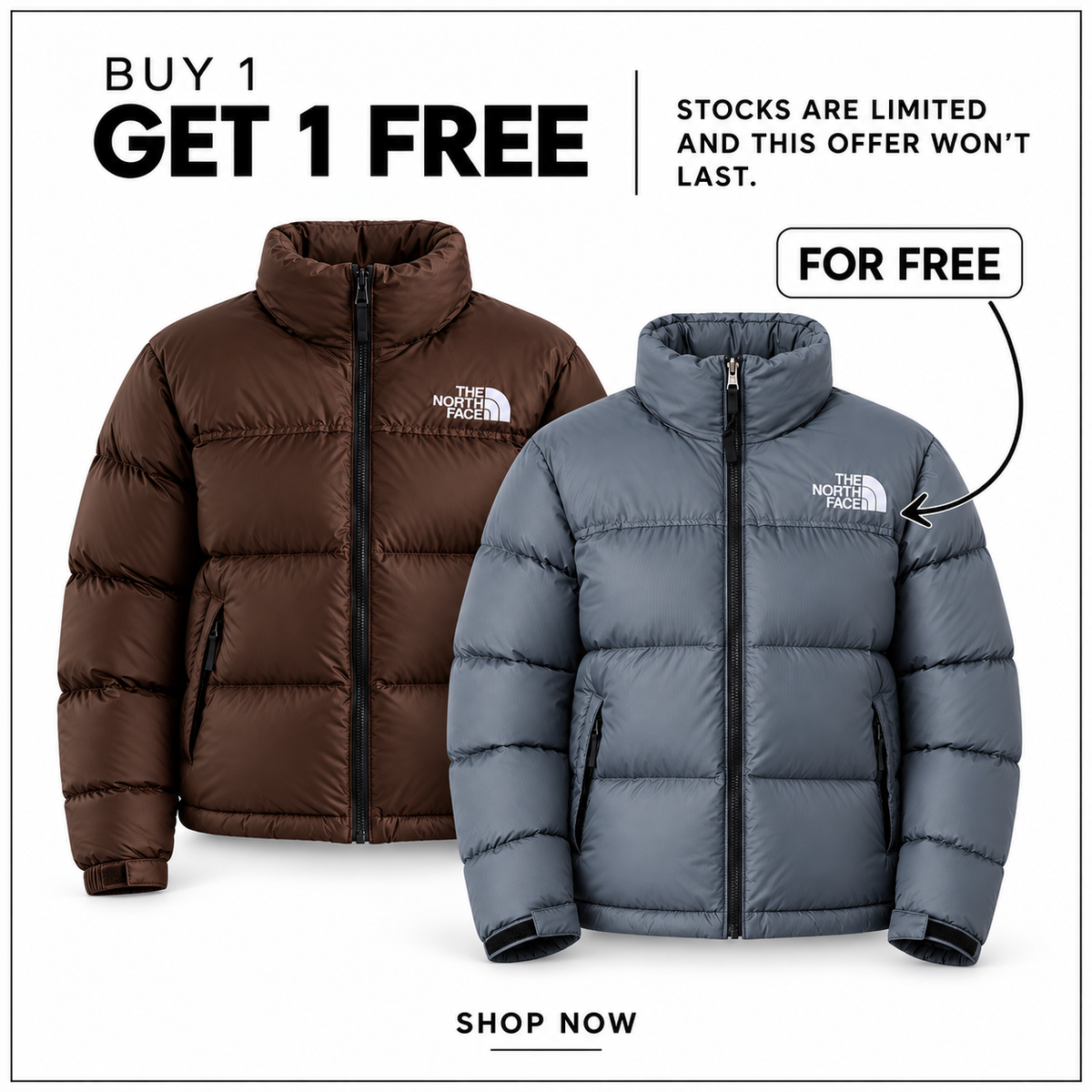 TNF Women’s 1996 Retro Nuptse Jacket in Dark Chestnut and Granite Grey — Buy 1 Get 1 Free promotion.