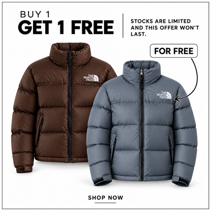 TNF Women’s 1996 Retro Nuptse Jacket in Dark Chestnut and Granite Grey — Buy 1 Get 1 Free promotion.