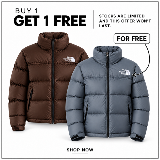 TNF Women’s 1996 Retro Nuptse Jacket in Dark Chestnut and Granite Grey — Buy 1 Get 1 Free promotion.