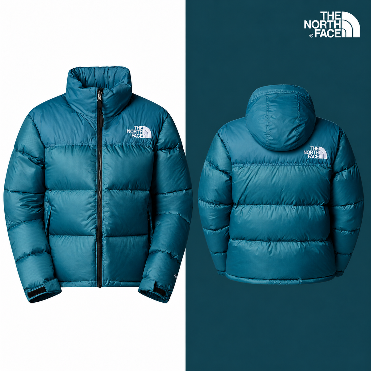 TNF Women’s 1996 Retro Nuptse Jacket in Space, isolated front and source-backed secondary view.
