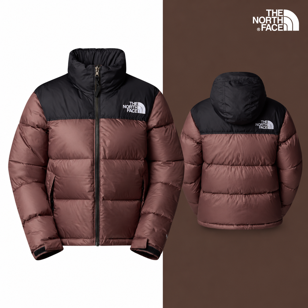 TNF Women’s 1996 Retro Nuptse Jacket in Tawny Quartz-TNF Black, isolated front and source-backed secondary view.
