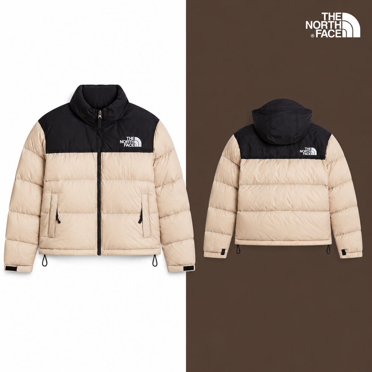 TNF Women’s 1996 Retro Nuptse Jacket in Timeless Taupe-TNF Black, isolated front and source-backed secondary view.