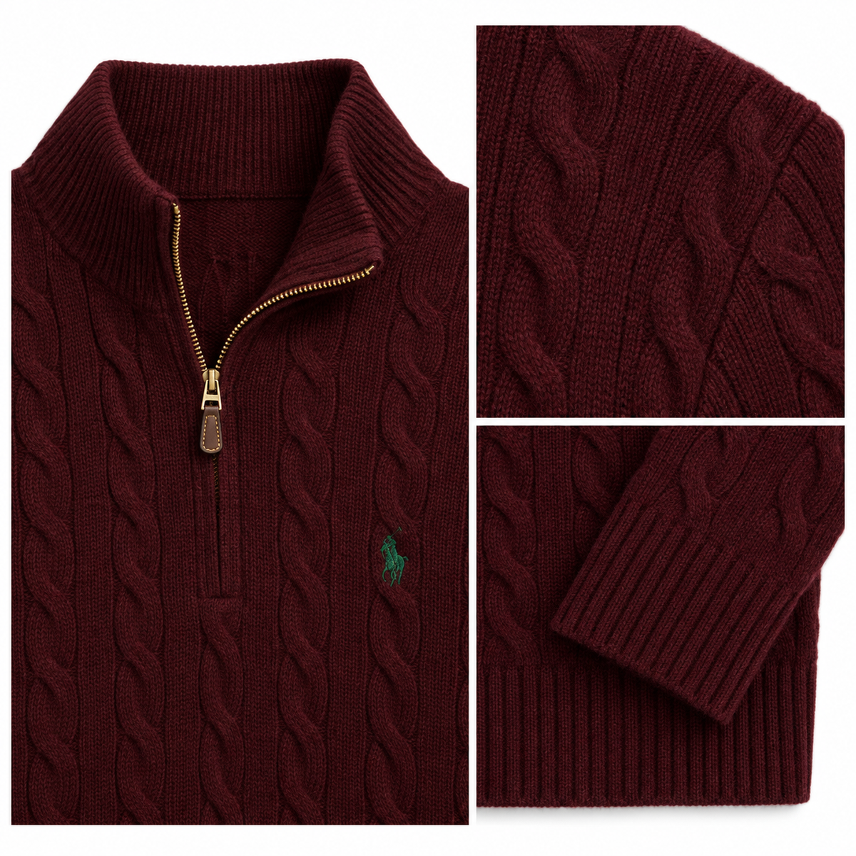 Close-up details of the RL Cable-Knit Wool-Cashmere Quarter-Zip Jumper in Aged Wine Heather.