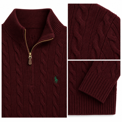 Close-up details of the RL Cable-Knit Wool-Cashmere Quarter-Zip Jumper in Aged Wine Heather.