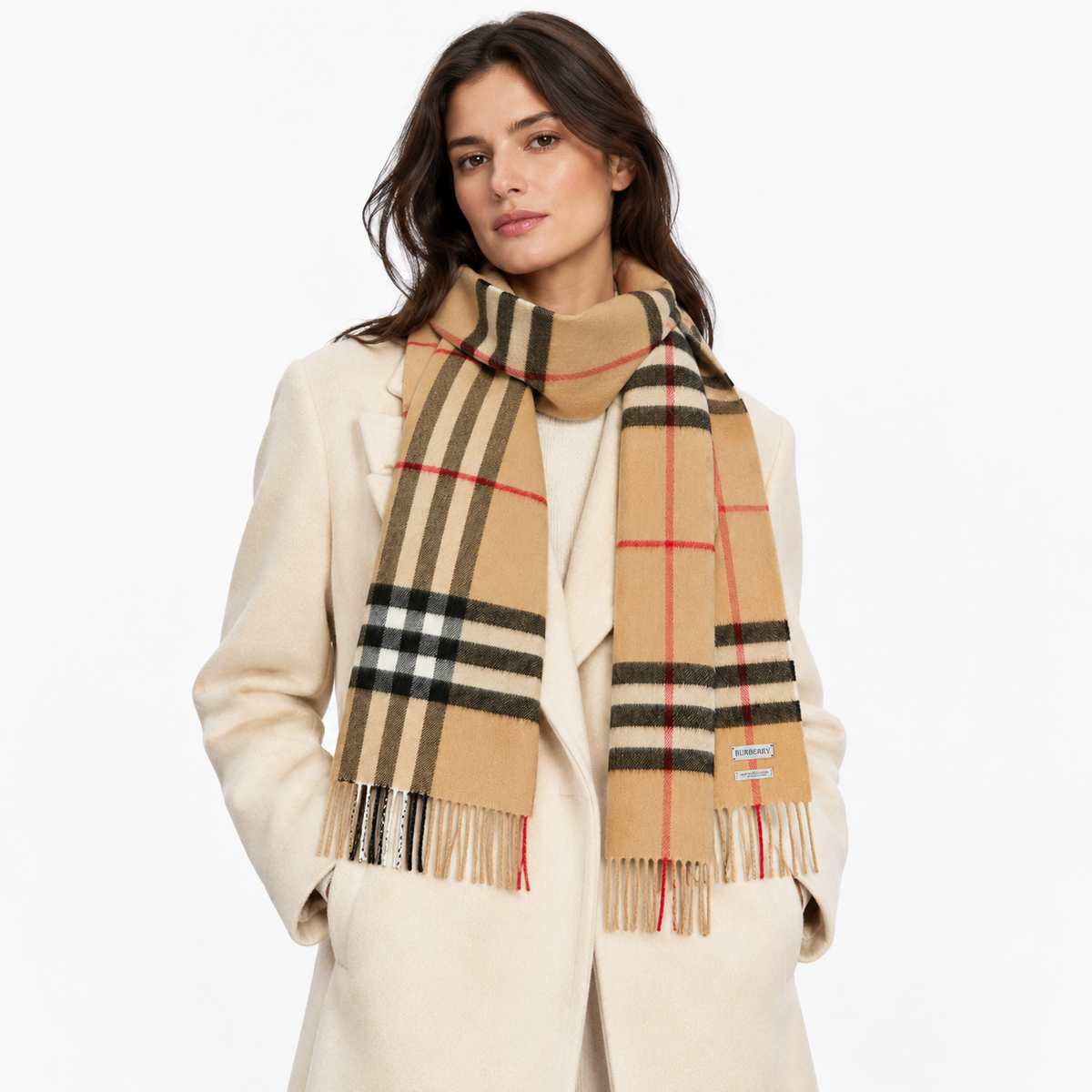 BB Check Cashmere Scarf — Archive beige — editorial model