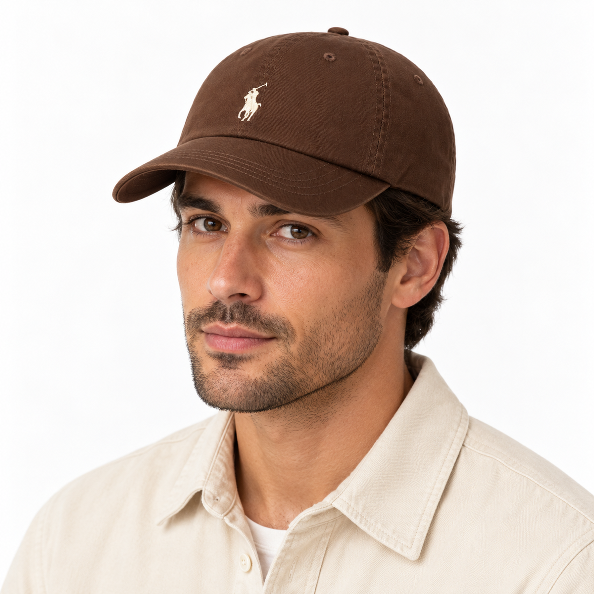 RL Cotton Twill Cap — Brown — editorial model