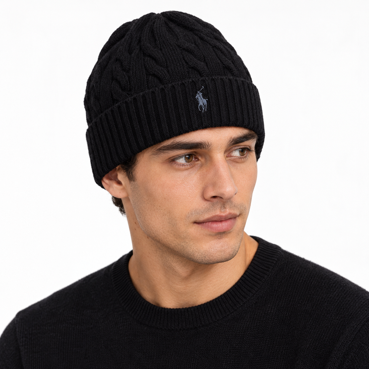 RL Wool-Cashmere Cable-Knit Beanie — Polo Black — editorial model