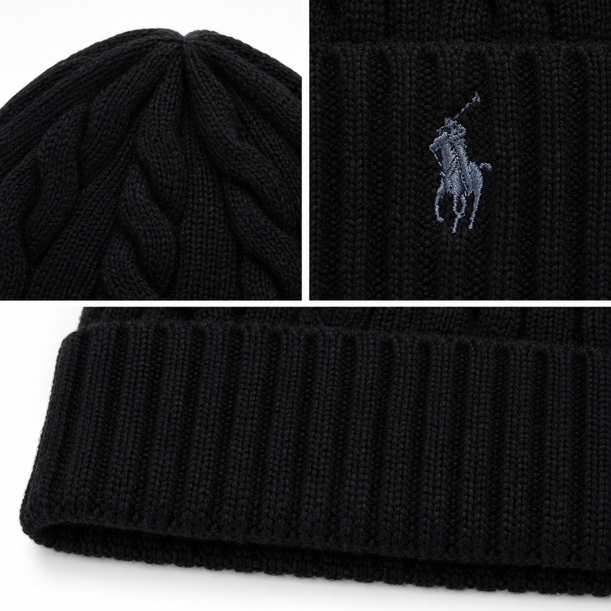 RL Wool-Cashmere Cable-Knit Beanie — Polo Black — editorial detail