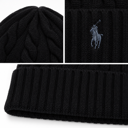RL Wool-Cashmere Cable-Knit Beanie — Polo Black — editorial detail