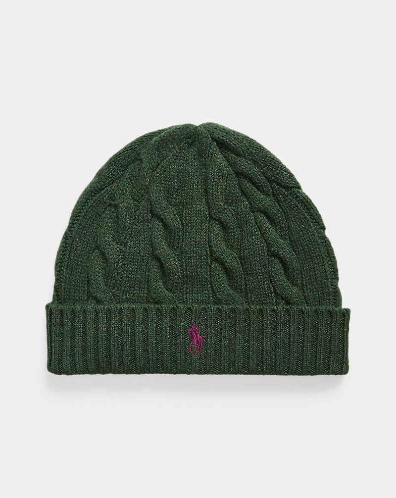RL Wool-Cashmere Cable-Knit Beanie — Heathered Pine — colour