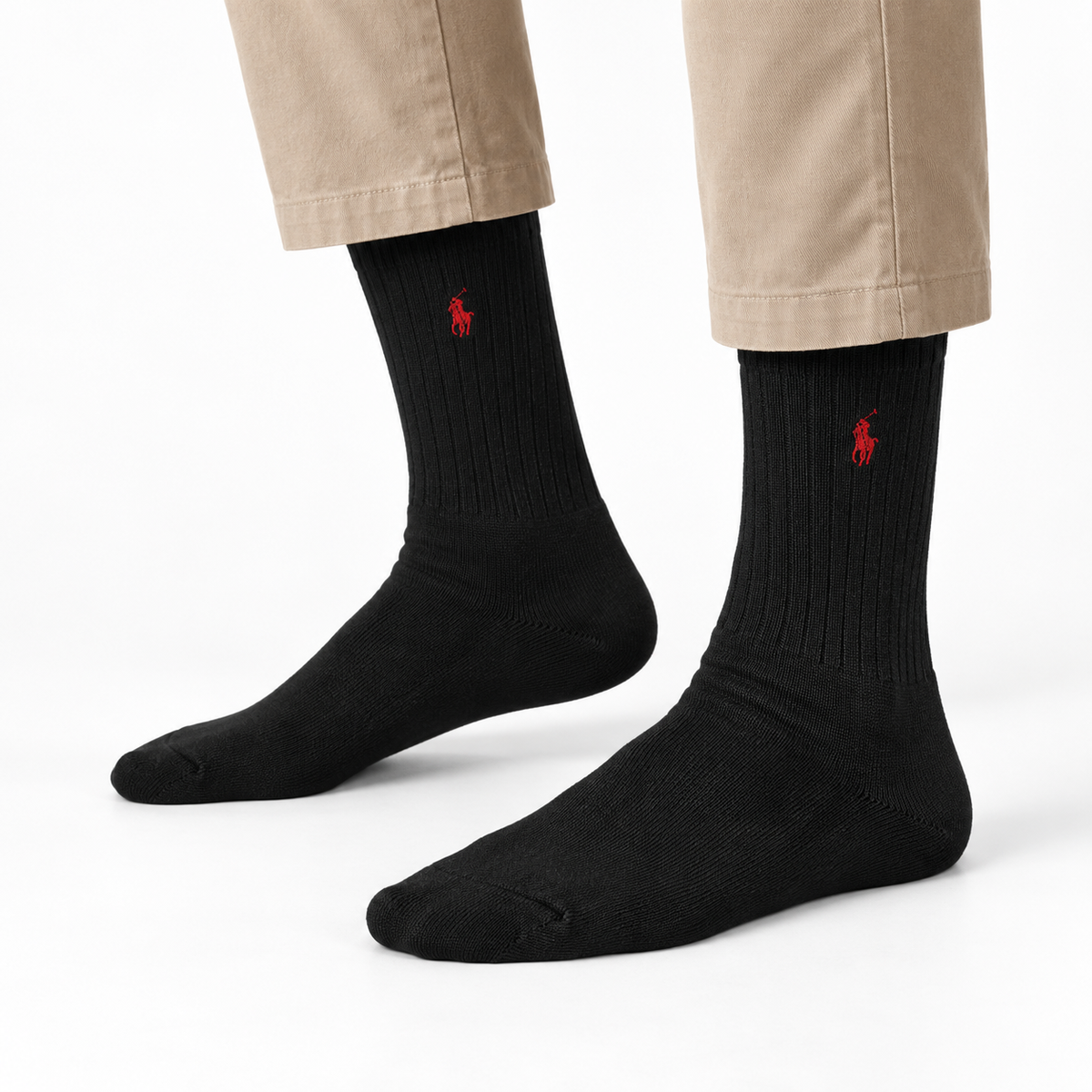 RL Cotton-Blend Crew Socks — Polo Black/Red — editorial model