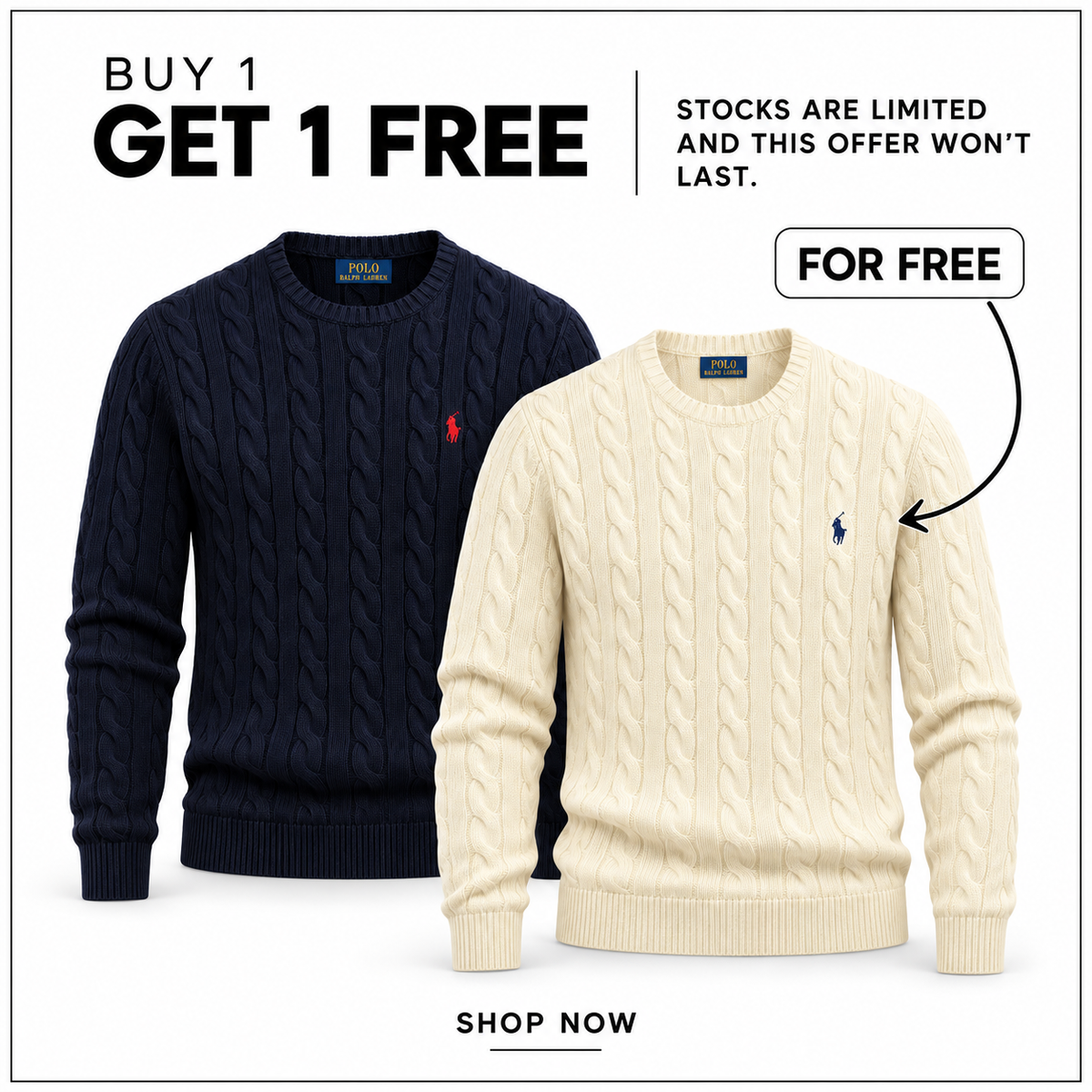 RL Cable-Knit Cotton Crew-Neck Jumper in Hunter Navy/Red and Andover Cream — Buy 1 Get 1 Free promotion.